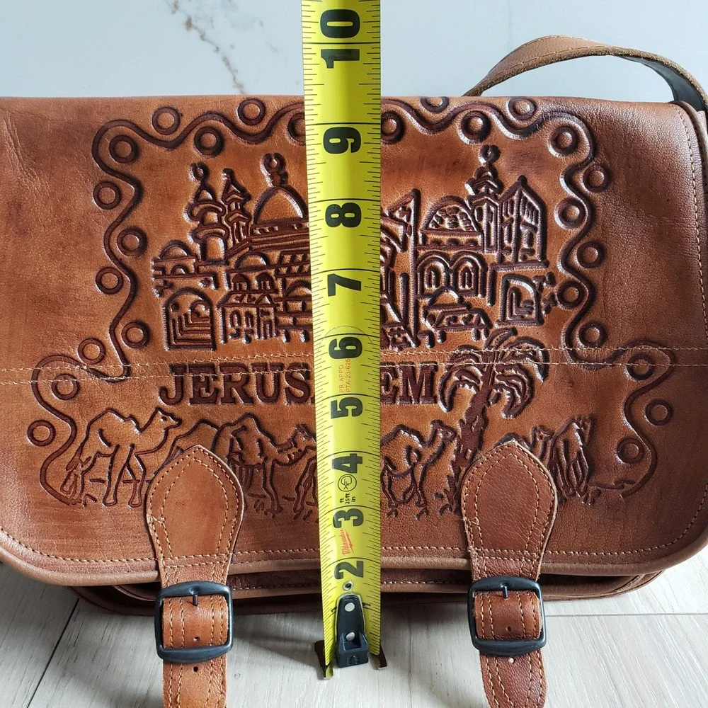 Holy Land Jerusalem Messenger Bag Unisex Medium Brown Leather Tooled Souvenir